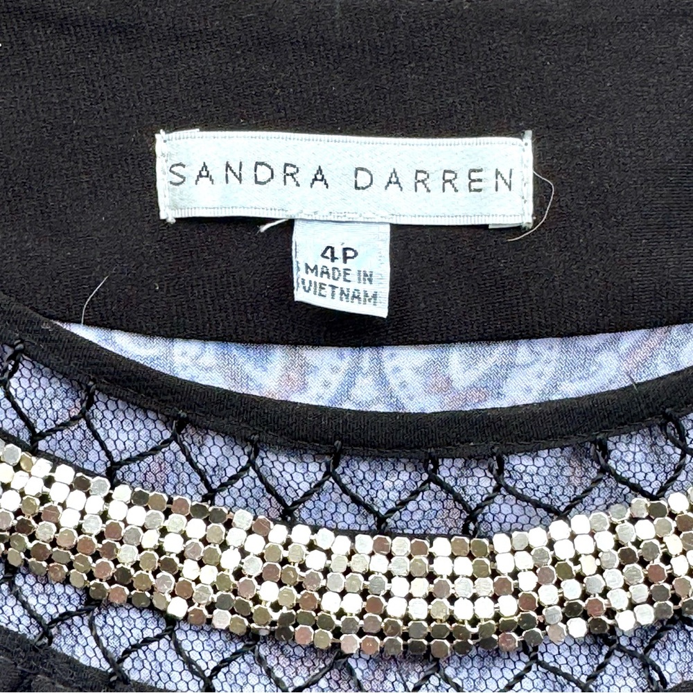 NWT Sandra Darren Dress Barn Black White Paisley Gold Bling Dress Size 4P - Picture 2 of 8